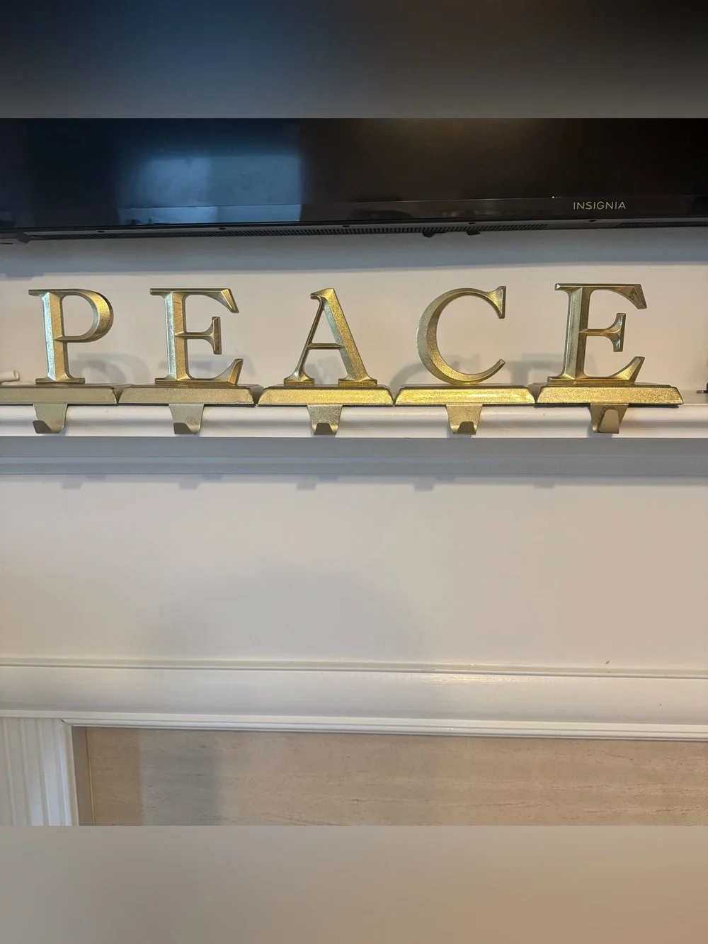 Vintage Gold Metal PEACE Christmas Stocking Holders Mantel Hooks Set of 5 Heavy